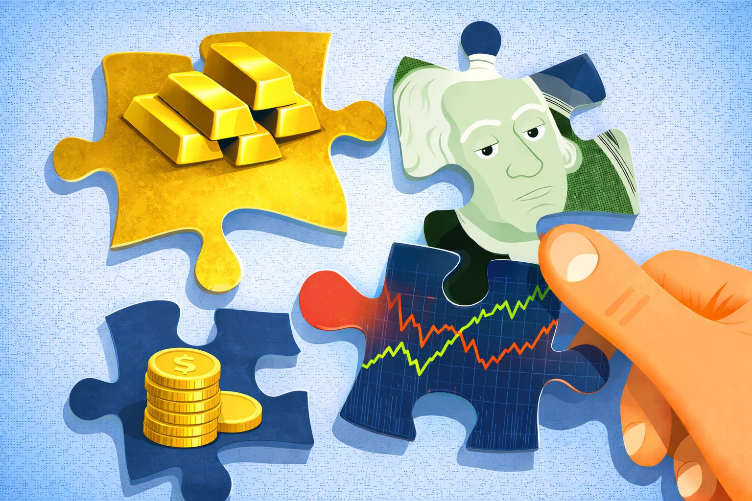 Des pièces de puzzle financières en cours d’assemblage : des lingots d’or, un portrait stylisé issu d’un billet, un graphique boursier et des pièces empilées. Une main humaine positionne une pièce, illustrant la construction et l’équilibre d’une stratégie d’investissement.
