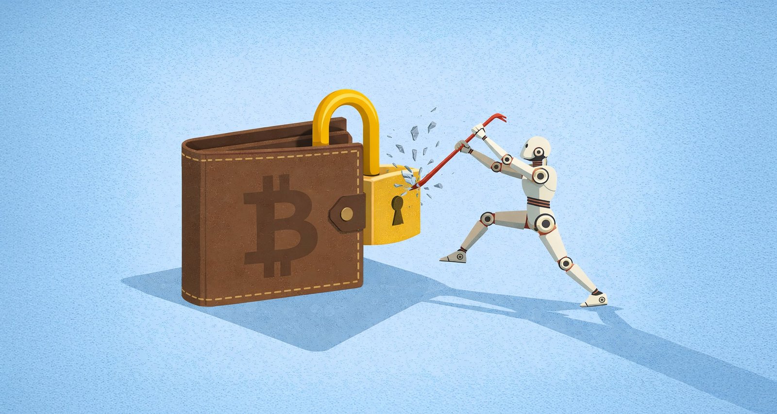 Illustration d’un robot tentant d’ouvrir un portefeuille marqué Bitcoin, sur fond bleu, représentant les risques de piratage et la sécurité des actifs numériques.