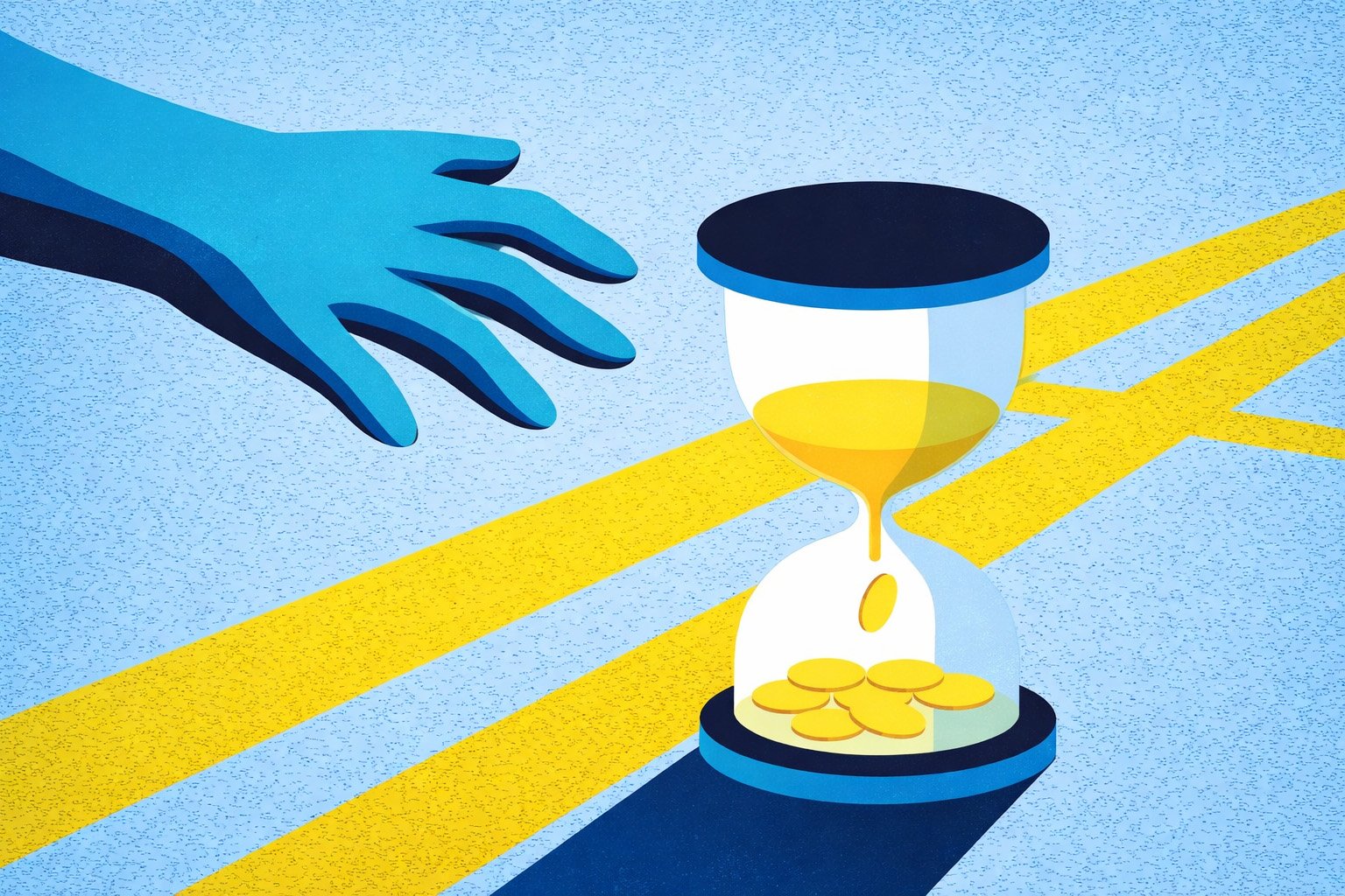 Illustration graphique d’un sablier laissant s’écouler du sable transformé en pièces de monnaie, avec une main tendue à proximité, symbolisant le temps comme facteur clé de la création de valeur financière.