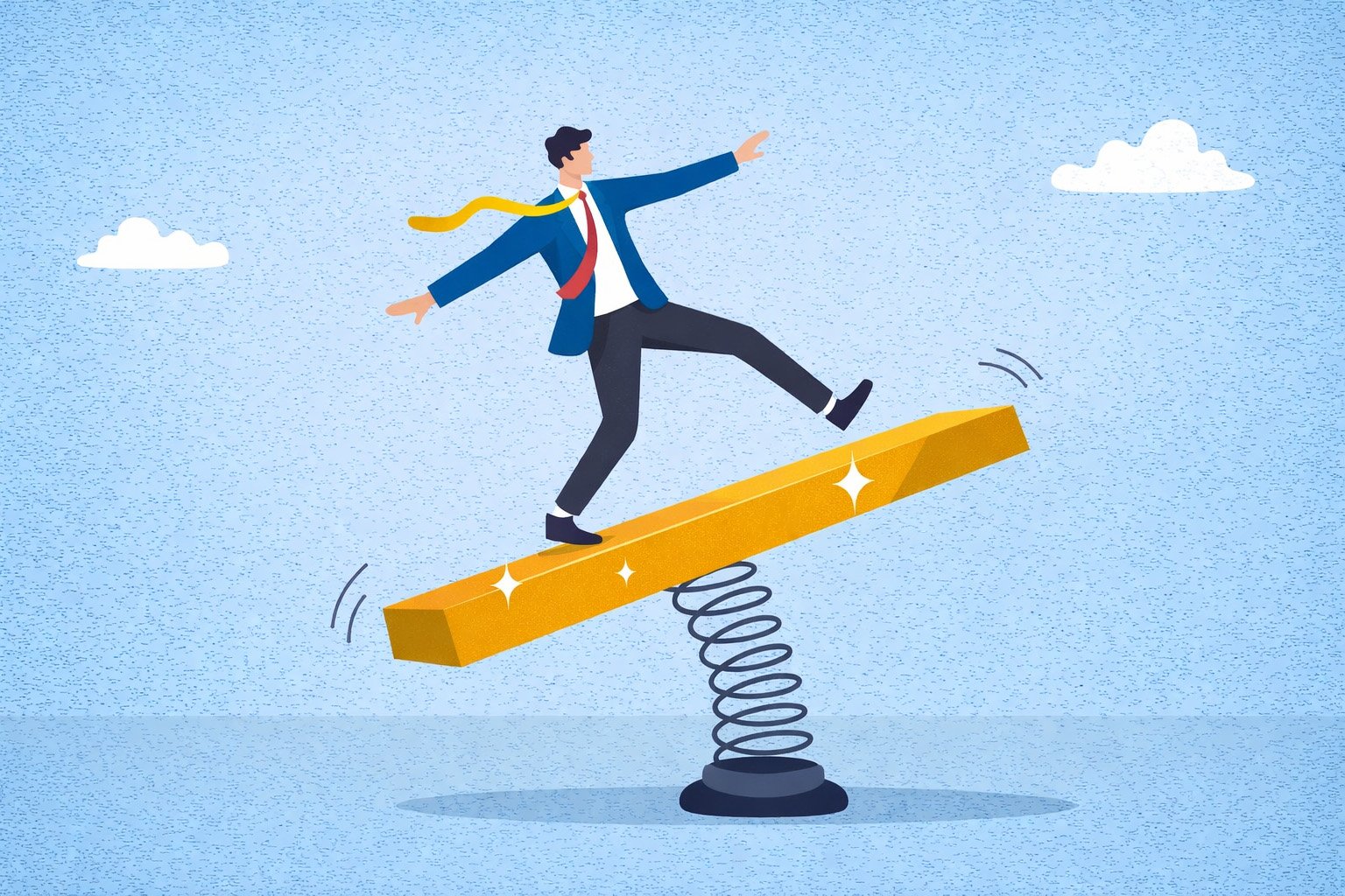 Illustration conceptuelle montrant un homme en costume assis sur un lingot d’or fixé à un ressort, symbolisant l’instabilité et les variations de valeur des investissements financiers.