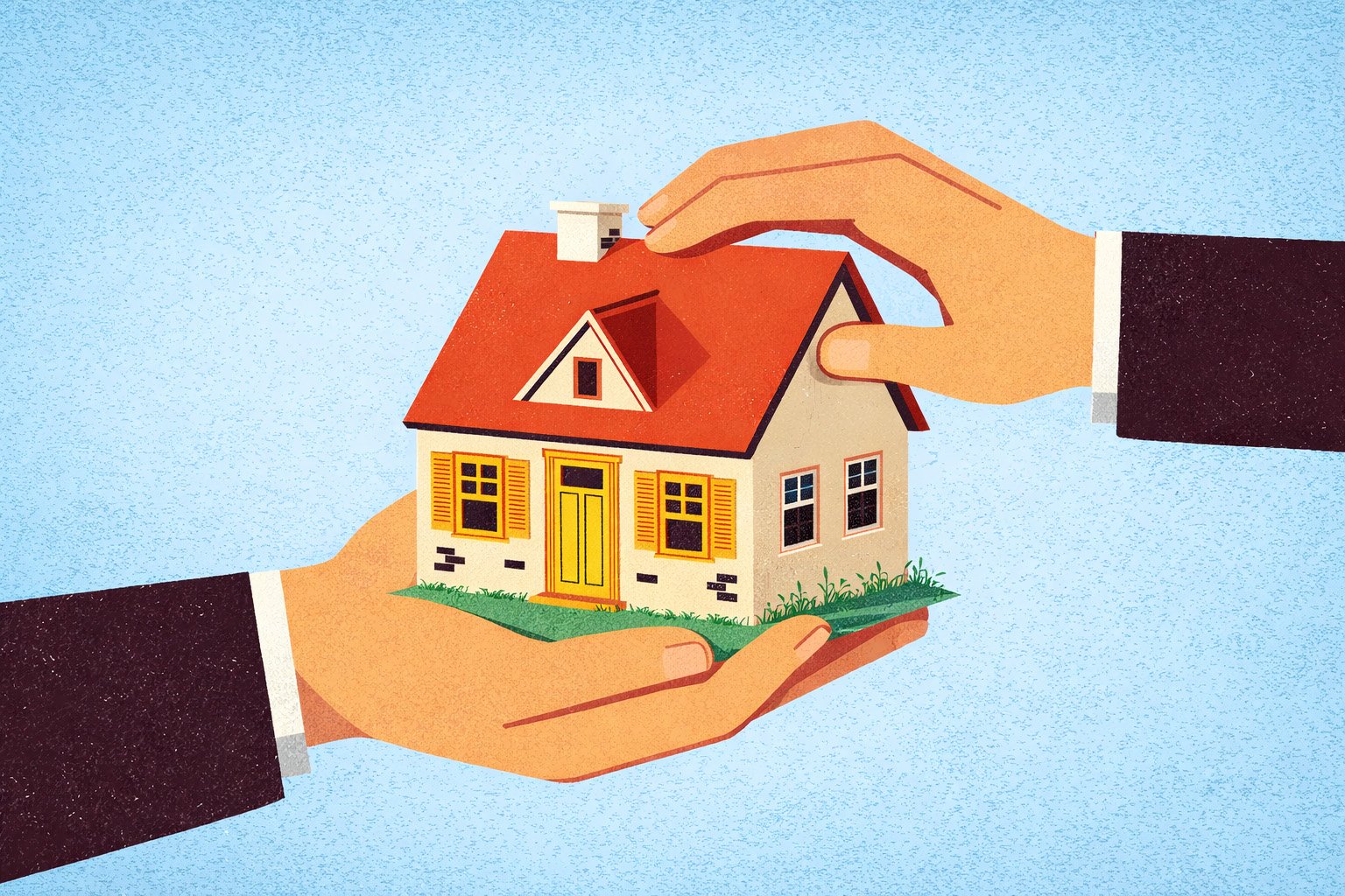 Illustration conceptuelle montrant une maison individuelle tenue délicatement entre deux mains, sur fond bleu, symbolisant la protection et la transmission du patrimoine immobilier.