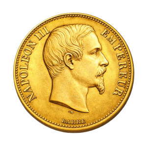 Illustration d’une pièce en or Napoléon III de 20 francs, avec le portrait de l’empereur regardant vers la droite, posée sur un fond bleu clair.