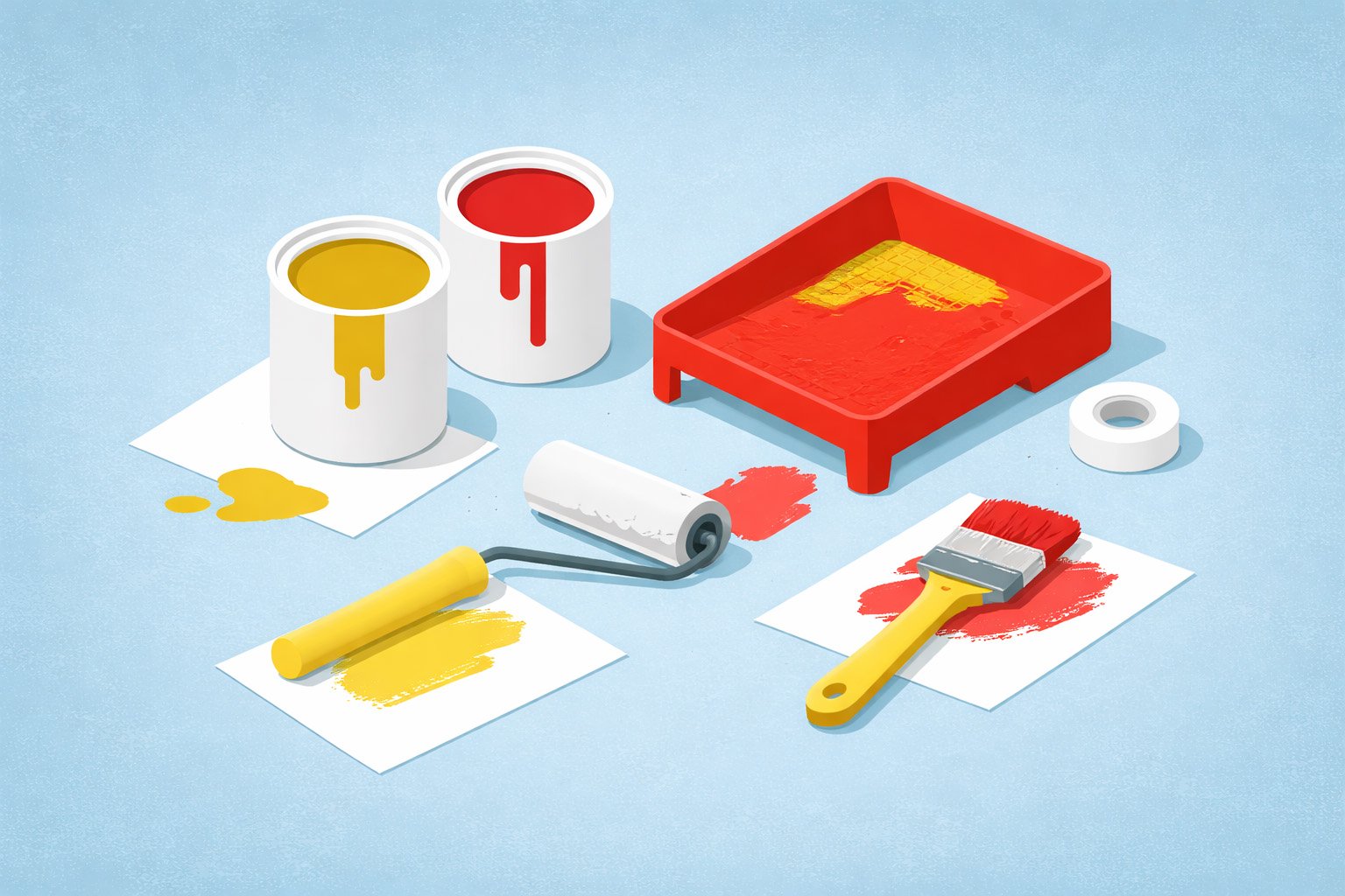 Illustration isométrique d’outils de rénovation intérieure (rouleau, bacs et pots de peinture) sur fond bleu, représentant l’amélioration et la valorisation d’un bien immobilier.