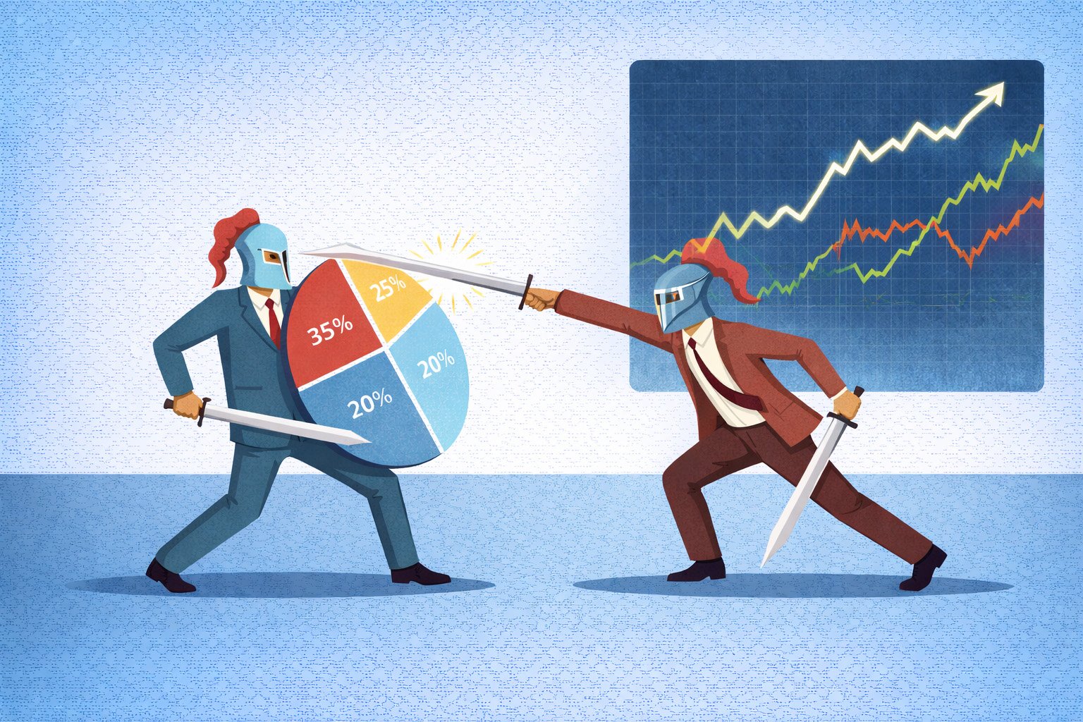 Deux personnages en armure s’affrontent à l’épée : celui de gauche se protège avec un bouclier en forme de diagramme circulaire d’allocation financière, tandis que celui de droite attaque. En arrière-plan, un graphique boursier en hausse symbolise la pression des marchés financiers.