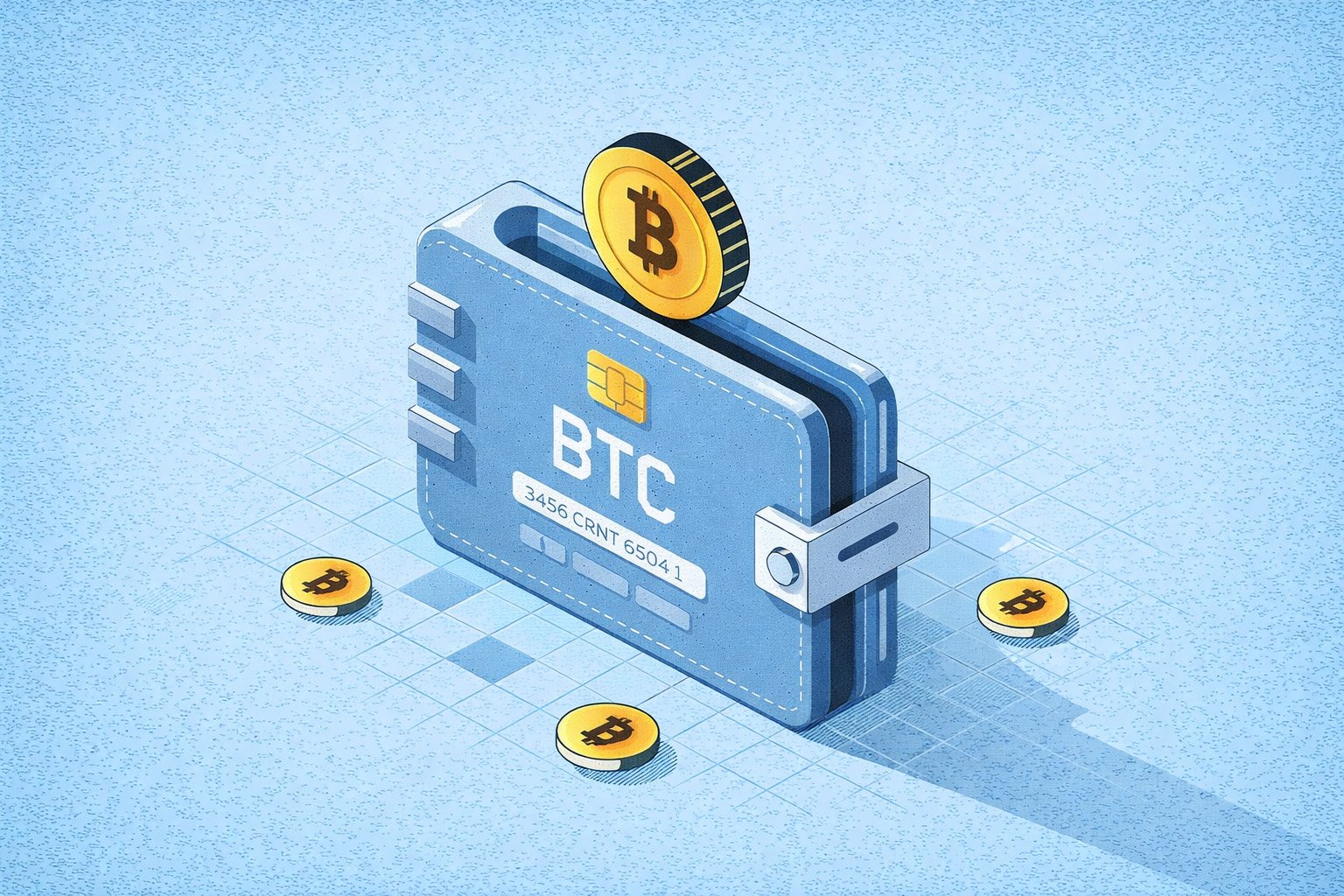 Illustration isométrique d’un portefeuille Bitcoin bleu accompagné de pièces BTC, sur fond bleu clair, symbolisant la gestion et le stockage d’actifs numériques.