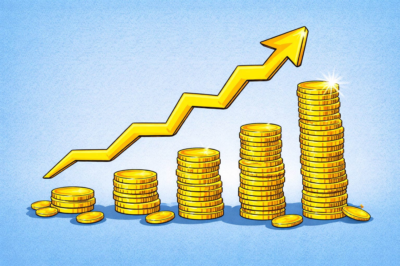 Illustration de piles de pièces dorées de hauteur croissante accompagnées d’une flèche ascendante, symbolisant la croissance financière et la performance des investissements, sur fond bleu.