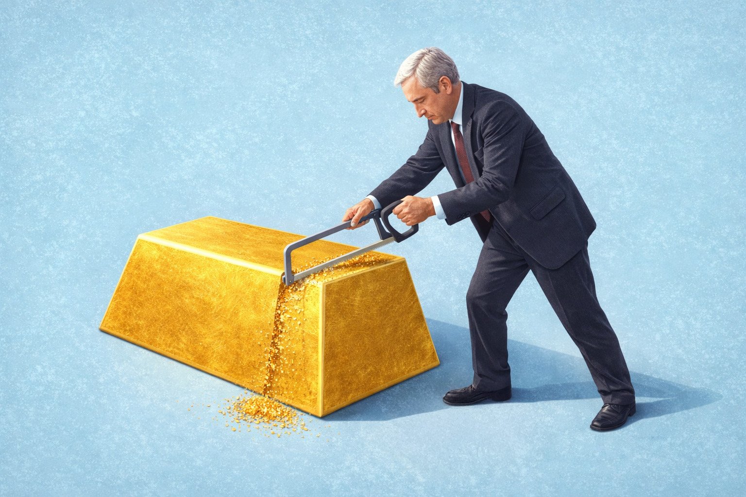 Illustration d’un homme découpant un lingot d’or, symbolisant la division ou la liquidité d’un actif, sur fond bleu.