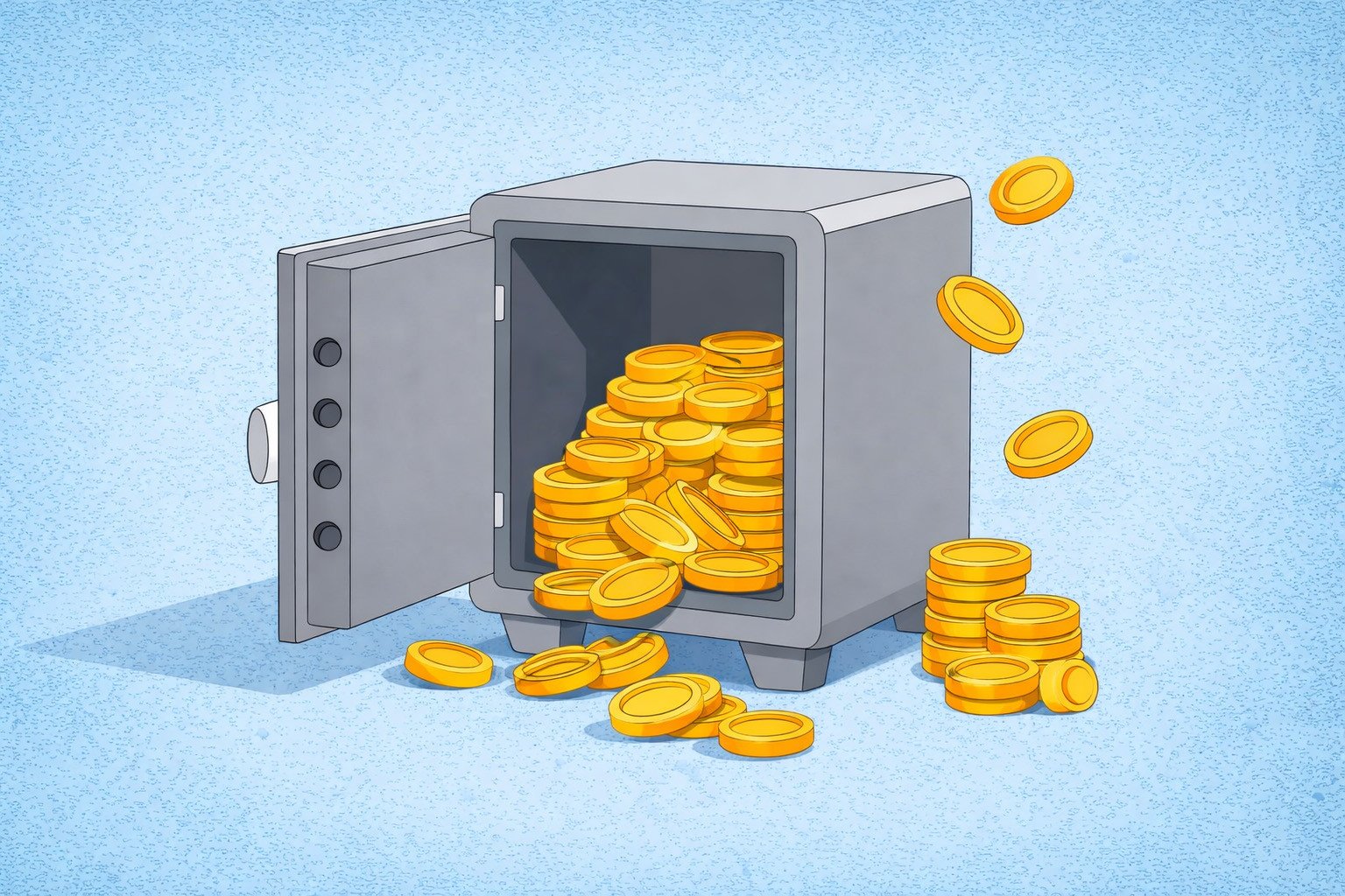 Illustration d’un coffre-fort ouvert laissant apparaître et s’échapper des pièces d’or, sur fond bleu, évoquant la protection, la gestion et la liquidité du patrimoine.